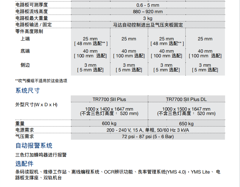 德律TR7700 在線型自動光學(xué)檢測機(jī)參數(shù)